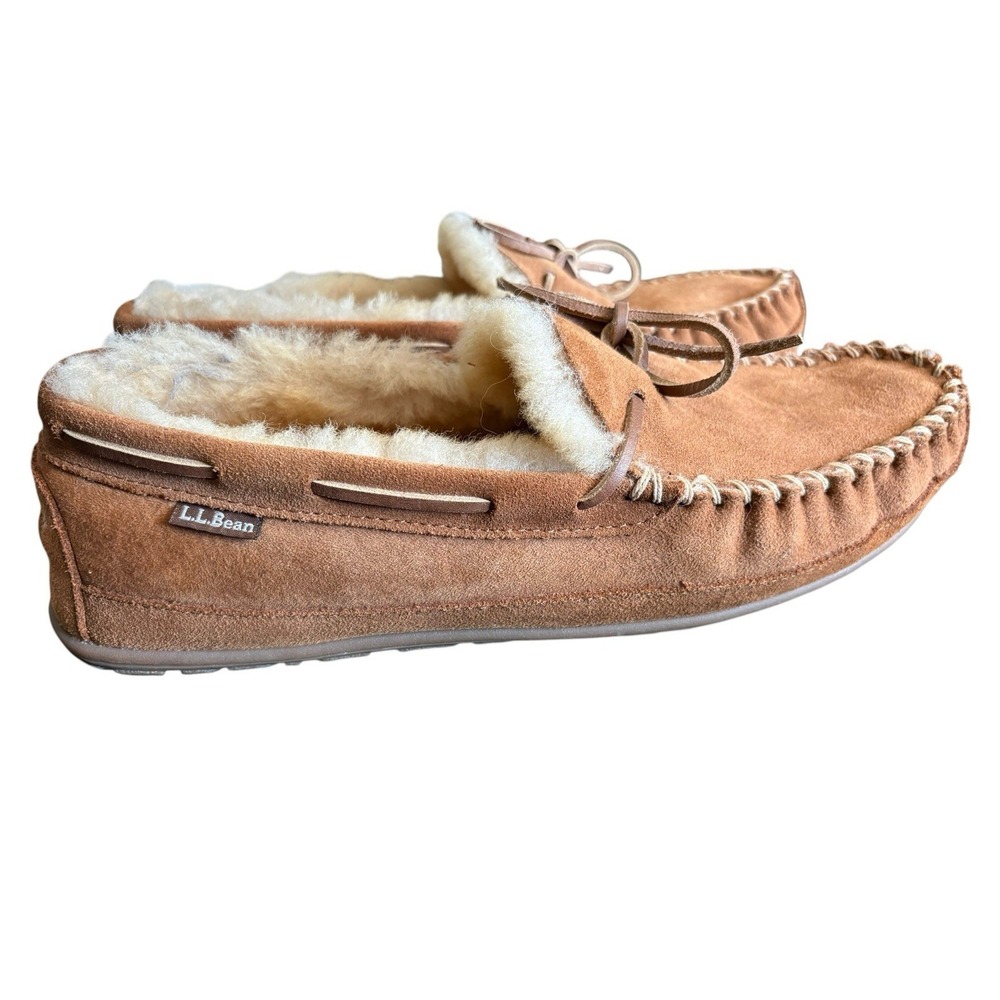 L.L.Bean Moccasins Slippers Mens 12 Brown Suede Sherpa Lined Sheepskin